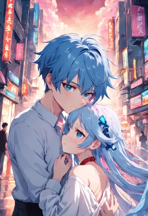 a hot boy with blue hair, and blue eyes, with a shy girl who has pink hair, pink eyes and white dress