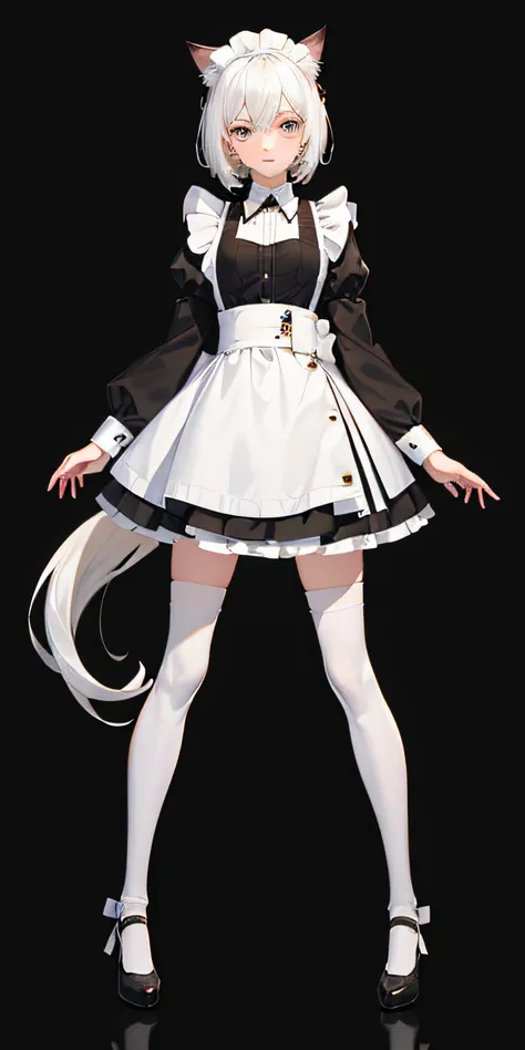 cat ear，Poor milk，Black pupils，White stockings，the maid outfit，littlegirl，Lori，dual horsetail，ultra high def，Best quality，More details，Anatomically correct，Lori astringent，micro saia, fullbody, no background,white hair