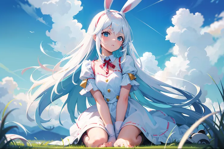 white color hair，teens girl，longhairwithbangs，There are rabbit hair accessories，bunnygirl，Beth，Be red in the face，Light close-up，The background is blue sky and white clouds，Close-up of the sun，grass field，kneels on the ground