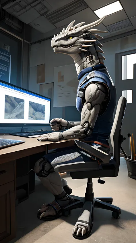 Bionic robot dragon，female，Gilet blanc，white  panties，sandals，Chained to the side of the computer，HD graphics，Detailed and realistic，high detal，high qulity，photo-realistic，photorealistic eye，Detailed paws，Clear eyes，Masterpiece artwork