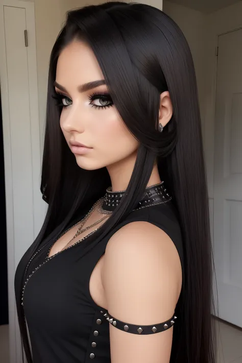 arafed woman with long hair and a black top with studded shoulders, sexy face with full makeup, with professional makeup, kailee mandel, 18 years old, 1 6 years old, professional makeup, inspired by Briana Mora, she is about 1 6 years old, sultry look, fla...