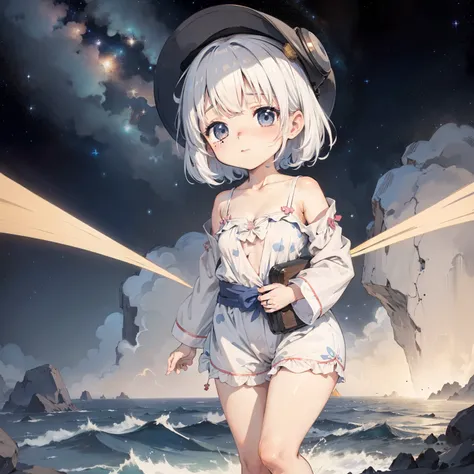 Behind the Earth 1.4，starry sky bright，  Little girl drifting in the starry sky of the universe，Loli,elementary student，gigantic cleavage breasts，Cute pyjamas， Solo, (with short white hair:1.2),