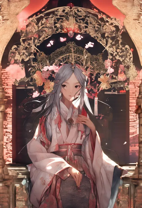 Ancient beauty，long whitr hair，Raised sexy，wearing a hanfu，Take a fan，ssmile，gentleness，Cleavage is seductive，adolable，Portrait wallpaper，filigree，The action is enchanting