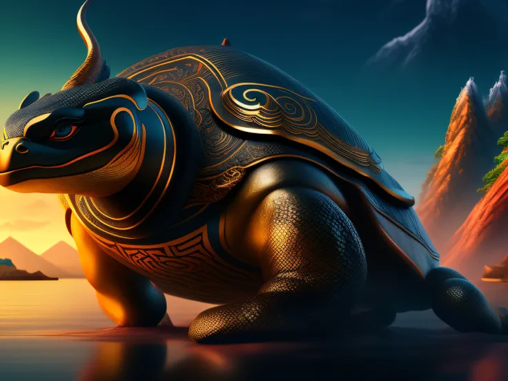 tmasterpiece，CG animation in 8K resolution，absurd res，Inspired by the Classic of Mountains and Seas，Chinese mythology and stories，mythological creatures，Black turtle，Birds head，Snakes tail