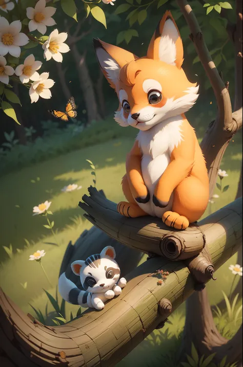 Cartoon : little kitten have panda ears, fox tail, sitting on a tree on a branch, holding a butterfly with heart-shaped wings in its paw, background garden and flowers