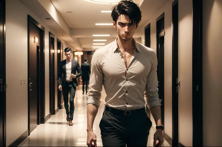 Ultra realistic 8k image of a single thin male, 25 years old, short black hair, dressed in a dark beige button-up shirt and dark beige pants, annoyed expression, walking in an empty hotel lobby in the morning, hotel entrance in the background