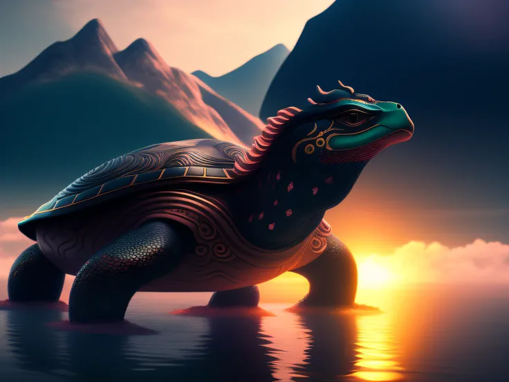 tmasterpiece，CG animation in 8K resolution，absurd res，Inspired by the Classic of Mountains and Seas，Chinese mythology and stories，mythological creatures，Black turtle，Birds head，Snakes tail