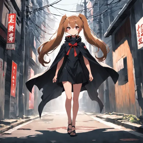 tan hair、Double ponytailed girl in black cape，Standing on a bloody street，Shady style，城市，terroral，cold shades，Perspective painting，Big perspective，Dark and terrifying，Black and white anime art style，A high resolution，high qulity，wide wide shot，Look up at t...