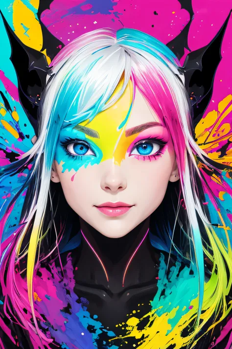 Extreme quality, nffsw, Detailed face+Eyes, (Bright colors), Splashes of color background, colors mashing, , Complementary color scheme, Electric, neons, Magical,Colorful straight line background,A lot of bats,Modern art,