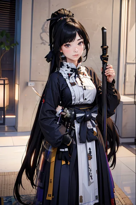 Female 30 old years, beautiful face, Long hair, Holding a sword, facing forward, Standing in the samurai shrine, wearing a black costume, photorealistic, masterpiece, fix hands