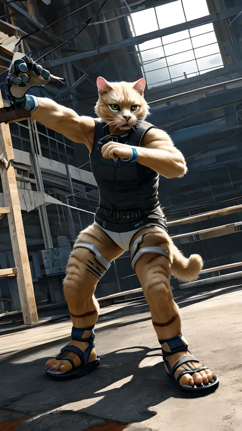 Bionic robot cat，female，Gilet blanc，white  panties，sandals，Fight indoors，HD graphics，Detailed and realistic，high detal，high qulity，photo-realistic，photorealistic eye，Detailed paws，Clear eyes，Masterpiece artwork