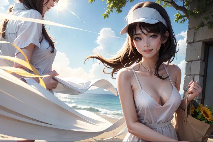 Student apartments，and the sun was shining brightly，one-girl，Carrying a bag，Wearing a white slip dress，With thick woven visor，With a smile。