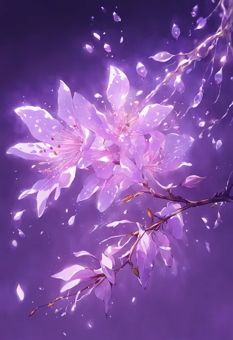 branch of delicate lilac flowers, super transparent, holy light, beautiful spectral light, petals fire flame, flashing, dark background, drops of transparent light, reflective light, bright, light streaming in, optics, portrait profile, sharp focus, magica...