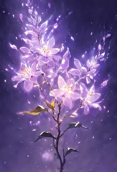 branch of delicate lilac flowers, super transparent, holy light, beautiful spectral light, petals fire flame, flashing, dark background, drops of transparent light, reflective light, bright, light streaming in, optics, portrait profile, sharp focus, magica...