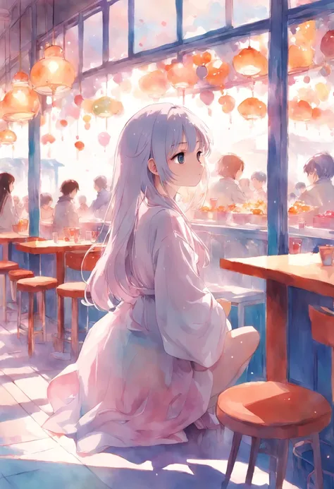 top-quality、​masterpiece、Soft Focus , Bright gradient watercolor , Dreamy , White background、girl、cafes