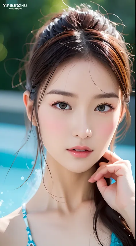 (yinchuan:1.5),, ​masterpiece, top-quality, Raw foto, Photorealsitic, large full breasts、beautiful and flawless face,  Soft smile、20 years girl、Colossal tits、swimmning、swim wears、swimming pools、depth of fields, hight resolution, ultra-detailliert, finely d...