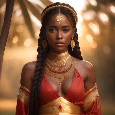 (Photorealistic:1.2), (8K Resolution), (Best Quality), (Masterpiece), upper body portrait shot from a slight high angle of a gorgeous young tribal queen with dark skin, long braided black hair, wearing an intricate beaded headdress, gold necklaces and armb...