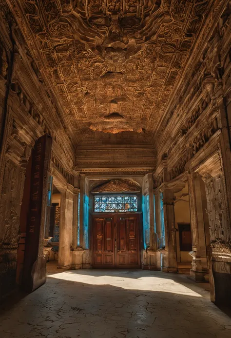 sala de um museu com uma porta secreta que leva a uma sala cheia de tesouros