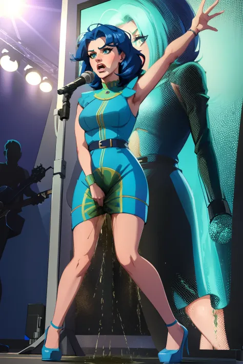 katy perry, blue hair, green dress, katy perry face, in show, singin, have to pee, peeing self, hold pee, desperation, open mouth, swide eyes