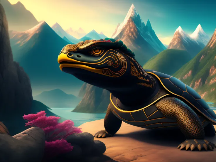 tmasterpiece，CG animation in 8K resolution，absurd res，Inspired by the Classic of Mountains and Seas，Chinese mythology and stories，mythological creatures，Black turtle，Birds head，Snakes tail