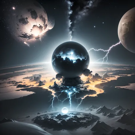 White and yellow strange planet in the darkness of the universe, high definition, Studio photoluminescence, Grayscale details, ..3d, 4D, Realistic style, Cinematic effects, with lightning, Energetic atmosphere, Plasma details --auto --s2