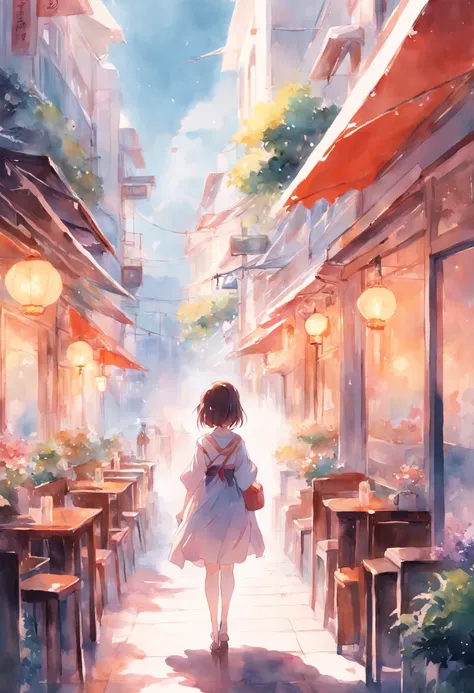 top-quality、​masterpiece、Soft Focus , Bright gradient watercolor , Dreamy , White background、girl、cafes