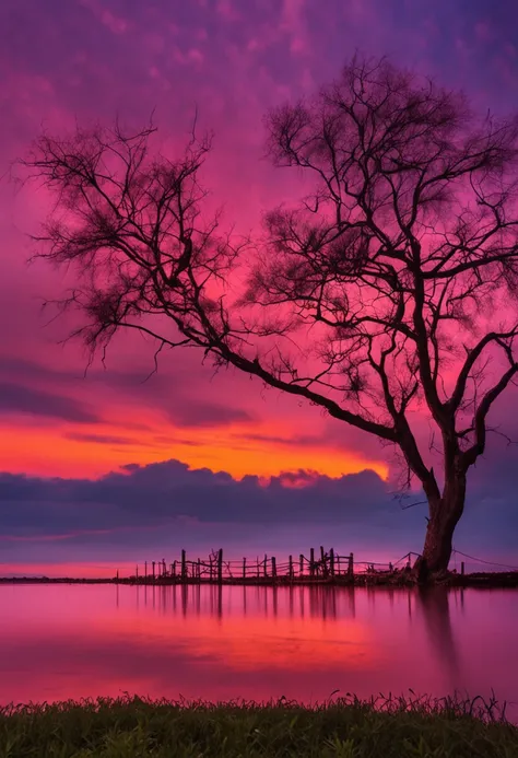 trees are reflected in the water at sunset with pink clouds, a picture by Tadashi Nakayama, shutterstock, romanticism, beautiful reflections, beautiful sunset, stunning sunset, warm beautiful scene, beautiful sunrise, marvellous reflection of the sky, red ...