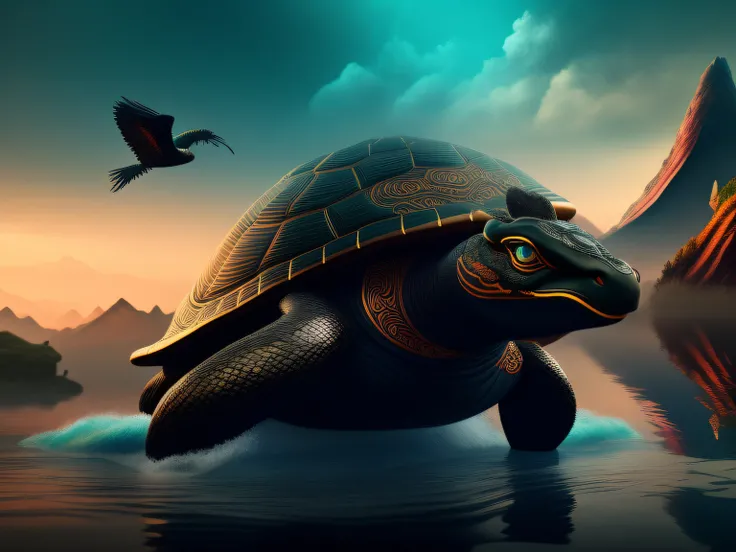 tmasterpiece，CG animation in 8K resolution，absurd res，Inspired by the Classic of Mountains and Seas，Chinese mythology and stories，mythological creatures，The black turtle has the head of a bird and the tail of a snake