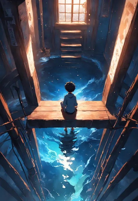 (extremely detailed CG unity 8k wallpaper) + (best illumination, best shadow, an extremely delicate and beautiful) + floating + blue splashing + mysterious atmosphere + boy in deep thought + coffee cup + upstairs setting.