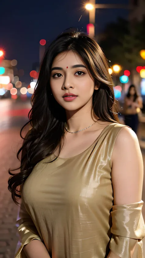 (((desi girl))), chubby face, natural skin, wearing hot deep neck top and dupatta, charming black hair, ((hair ends are blonde)), city streets background, bokeh