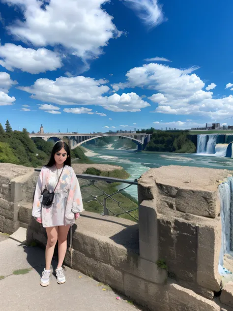 arafed woman standing on a ledge overlooking a river and a bridge, niagara falls, standing on a bridge, waterfalls in the background, photo taken in 2 0 2 0, on a bright day, taken in 2 0 2 0, standing near a castle, standing on a cliff, girl standing on c...