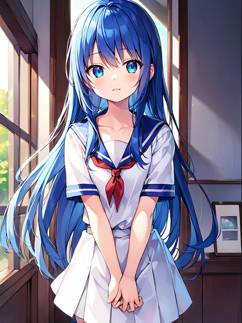 (((The ultra -The high-definition))), (((An ultra-high picture quality))), 独奏, One girl, Very cute, Moe Anime Style, Delicat eyes, (Little Girl:1.5), (very modest chest:1.3), (saturated blue hair:1.2), (Straight long hair:1.2), (Long straight sideburns:1.1...