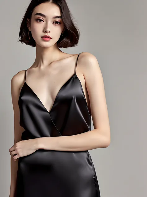 A beautiful woman wearing a black silk slip dress。