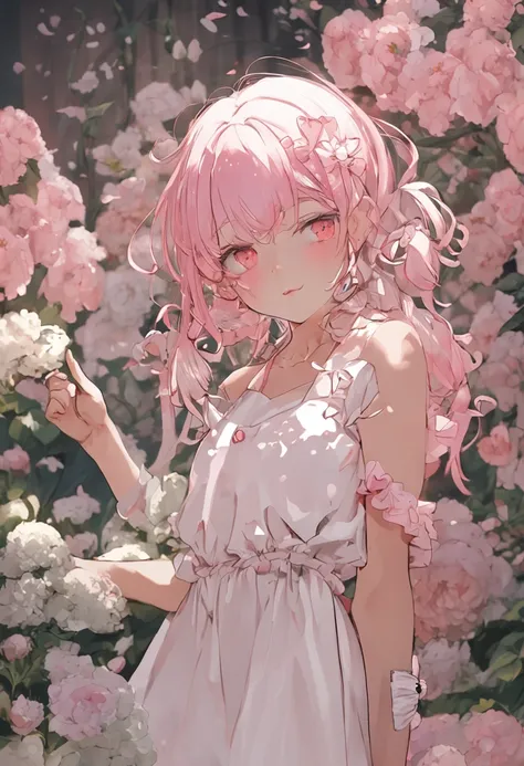 (a shy girl with pink hair and pink eyes, wearing a white dress, holding a white bag)