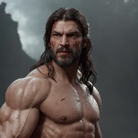 (professional 3d render:1.3) af (Realistic:1.3) most beautiful artwork photo in the world，Features soft and shiny male heroes, ((Epic hero fantasy muscle man rough wet hero angry look long hair short beard and ferocious expression in dynamic pose, Fantasti...