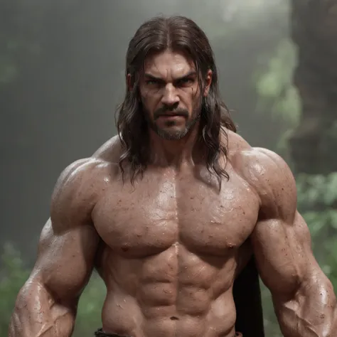 (professional 3d render:1.3) af (Realistic:1.3) most beautiful artwork photo in the world，Features soft and shiny male heroes, ((Epic hero fantasy muscle man rough wet hero angry look long hair short beard and ferocious expression in dynamic pose, Fantasti...