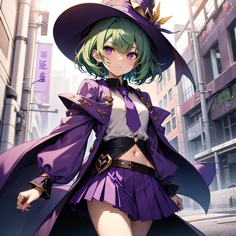 top-quality、extremely delicate and beautiful、(A teenage girl)、Purple Eye、Green hair、short-haired、(Purple pointy hat)、Purple tie、Soio、shortsleeves、Purple skirt、Purple Wizard Robe、Navel、is standing