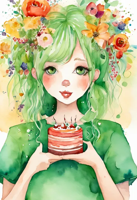 Green-haired girl eating cake，quadratic element