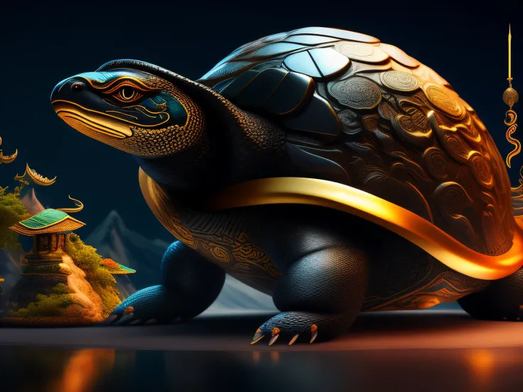 tmasterpiece，CG animation in 8K resolution，absurd res，Inspired by the Classic of Mountains and Seas，Chinese mythology and stories，mythological creatures，The black turtle has the head of a bird and the tail of a snake