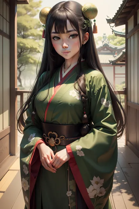 super fine illustration, a extremely beautiful Japanese girl, highly detailed pretty face and black eyes, look at viewer, beautiful long hair, solo, beautiful detailed traditional green Japanese dress with beautiful green tone.