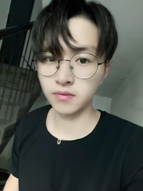 there is a woman with glasses and a black shirt posing for a picture, hong june hyung, hyung tae, yanjun cheng, Male ulzzang, inspired by jeonseok lee, Shin Jinying, With glasses, South Korean male, seseon yoon, with round face, Zhongyuan Zheng Lei, Shin J...