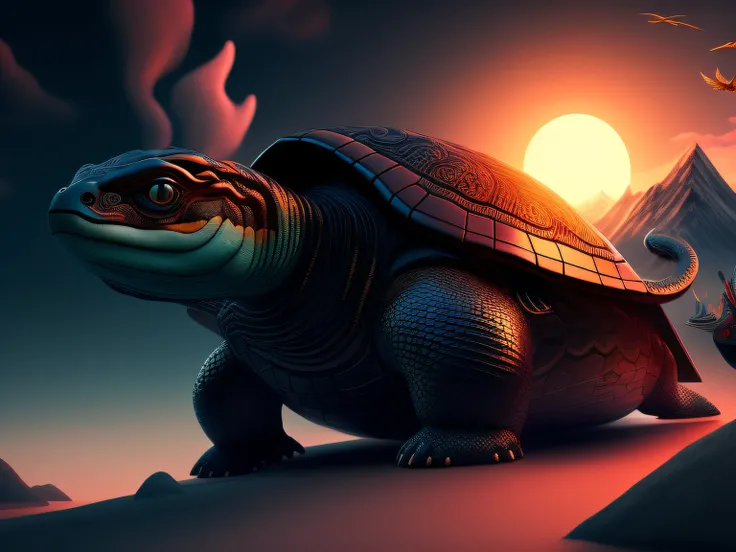 tmasterpiece，CG animation in 8K resolution，absurd res，Inspired by the Classic of Mountains and Seas，Chinese mythology and stories，mythological creatures，The black turtle has the head of a bird and the tail of a snake