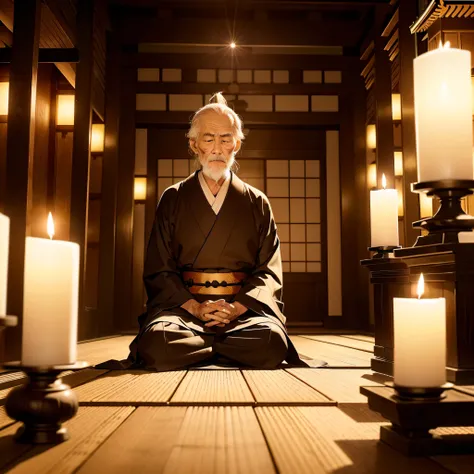 ((IN THE PITCH DARKNESS OF THE MIDDLE OF THE NIGHT Japan IN FRONT OF THE HUGE MIROKUBOSATO IN THE HALL OF AN ANCIENT TEMPLE１There are twin candles、Elderly samurai meditating while sitting in front of the candle)):1.9、Highly detailed background，Realistic，ul...