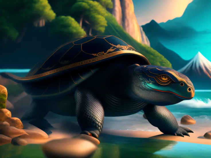 tmasterpiece，CG animation in 8K resolution，absurd res，Inspired by the Classic of Mountains and Seas，Chinese mythology and stories，mythological creatures，The black turtle has the head of a bird and the tail of a snake