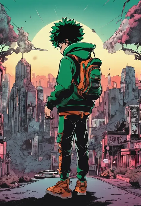 deku character from the anime my hero academia dark style with hoodie