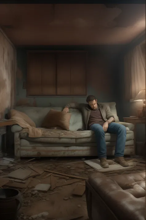 A man lies on a couch in a safe house，Just woke up，Cover your eyes with your hands，Dilapidated room，Safe house，dim murky lights，Realistic scenes，ultraclear，Lots of detail