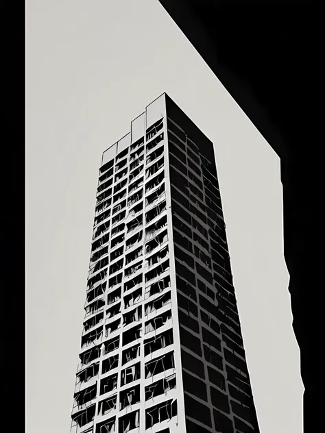 there is a plane flying over a building with a black and white background, artwork of a building, brutalist illustration, architectural painting, brutalist painting, in style of brutalism, duotone screen print, brutalism style, julian opie, by Lee Loughrid...