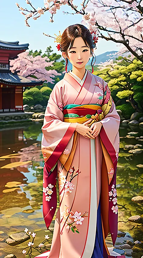 (traditional elegance, 4K, high resolution, photo-realistic:1.3), a captivating image showcasing a beautiful lady in a colorful kimono dress, radiating traditional charm against a backdrop of cherry blossoms, (graceful pose accentuating the attire:1.2), (s...