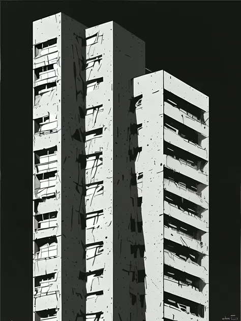 there is a plane flying over a building with a black and white background, artwork of a building, brutalist illustration, architectural painting, brutalist painting, in style of brutalism, duotone screen print, brutalism style, julian opie, by Lee Loughrid...