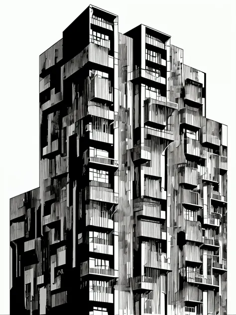 there is a plane flying over a building with a black and white background, artwork of a building, brutalist illustration, architectural painting, brutalist painting, in style of brutalism, duotone screen print, brutalism style, julian opie, by Lee Loughrid...